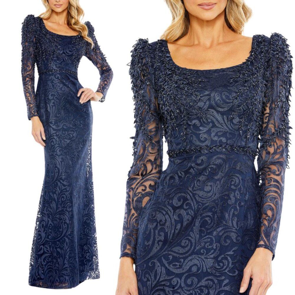 Mac Duggal 11187 Size 4 Blue Embroidered Lace Long Sleeve‎ Maxi Gown Dress MOTB